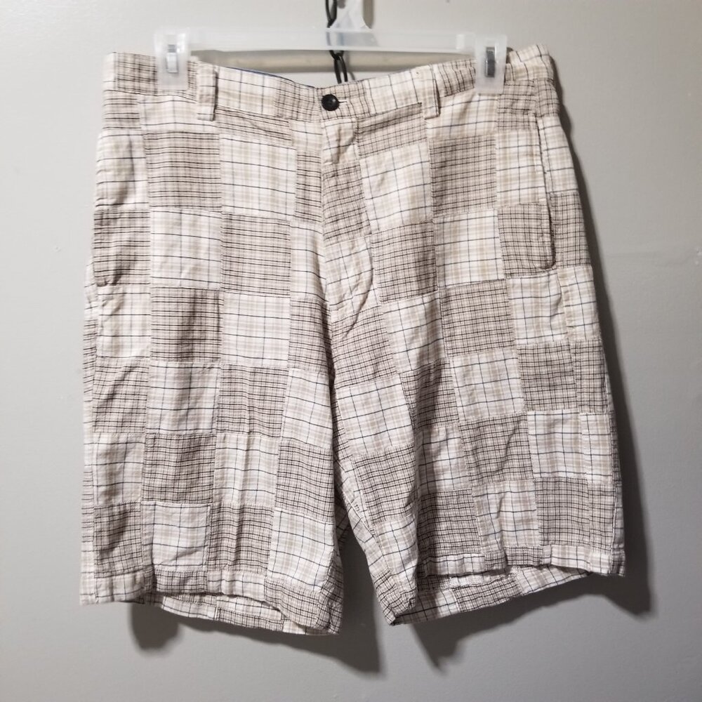 💚3/$15 Chaps Shorts 34 Cotton Patchwork Plaid Tan White Chino